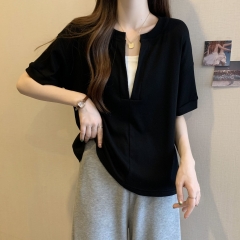 Big size fake two pieces v collar short sleeve t-shirt female summer fat mm cover stomach giant thin loose design short tops