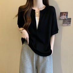 Big size fake two pieces v collar short sleeve t-shirt female summer fat