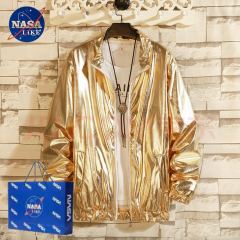 NASALIKE Golden Glossy Clothing for Men, Spiritual Youngster Golden Hip-hop Jacket, Baseball Coat with Sequins, Trendy Performance Outerwear