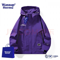 WASSUP HERMU Men's Windbreaker for Autumn and Spring, Outdoor Mountaineering Mountain Style Hooded Large Size Couple's Waterproof Jacket, Loose Streetwear Outerwear