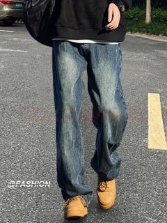FOG SKY American Jeans for Men, Casual Long Pants for Spring and Autumn, Washed and Distressed Work Pants, Straight-fit Jeans, Retro and Loose Pants for Men