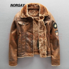 NORGAY Hong Kong Style 2023 New Autumn and Winter Fashion Brand Men's Aviator Leather Jacket with Thickened Fleece and Lamb Wool, Men's Motorcycle Jacket Outerwear
