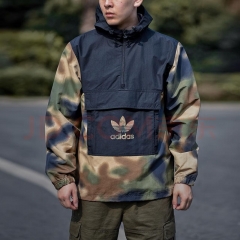 Adidas men's sweatshirt for spring and autumn, Three Stripes sportswear, woven windproof, loose hooded pullover top.