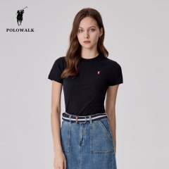 POLOWALK Simple Short Sleeve T-shirt for Women, Summer Knitted Breathable Commute Embroidery Slim-Fitting Round Neck Fitted Top