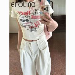 EFOLONG 100% Cotton American-style Hot Girl Short Sleeve Retro Letter Printed Slim Fit Cropped T-shirt for Women Fashionable Top
