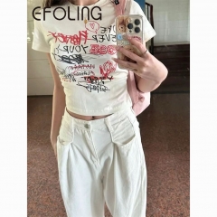 EFOLONG 100% Cotton American-style Hot Girl Short Sleeve Retro Letter Printed Slim Fit Cropped T-shirt for Women Fashionable Top