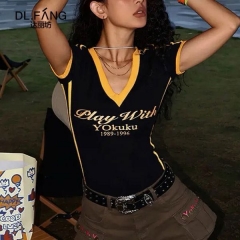 Dali Fang American-style Hot Girl V-neck T-shirt for Women, Summer College Style Slim Sexy Bestseller Slimming Versatile T-shirt Top