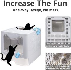 Foldable Cat Litter Box with Lid, Enclosed Cat Potty, Top Entry Anti-Splashing Cat Toilet, Easy to Clean Including Cat Litter Scoop and 2-1 Cleaning Brush (Grey) Large