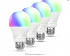 Amazon Basics Dimmable A19 LED Smart Light Bulbs Alexa Compatible, Color Changing/ Multicolor, 60W Equivalent, 800LM, 2.4 GHz Wi-Fi, No Hub Required, 4 Pack