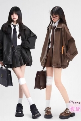 11SH97 Maillard Leather Jacket Women's Late Autumn Early Winter Retro Loose PU Motorcycle Clip Cotton Small Leather Jacket