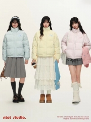 [90 White Duck Down] NTOT Original Multi color Embroidered Warm Stand collar Checkered Bow Down Jacket Winter Loose