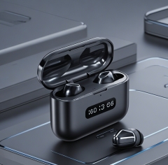 Business-style black Bluetooth earphones with silicone material, featuring a 24-hour long-lasting battery life and 32 ohms of impedance.