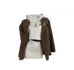 American hooded short coat, sweater coat, high waist short skirt suit.