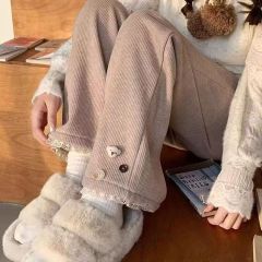 Autumn and winter Japanese three-dimensional teddy bear lace and velvet wide leg pants, loose and slimming casual straight leg pants, soft and sticky, student girl