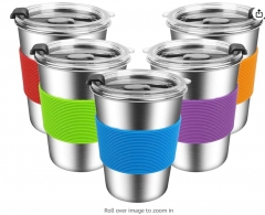 ShineMe Kids Stainless Steel Cups,12oz Kids Metal Drinking Glasses with Lids and Sleeves, 5pack Reusable Water Tumbler for Children and Adults Spill Proof, Apply to Indoor and Outd