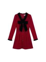 New Year's red V-neck waist dress women winter small fragrance Christmas skirt French butterfly knot bottom a word skirt