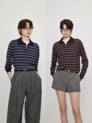 French striped lapel polo shirt top women's autumn short high-end sense knitted long-sleeved base layer