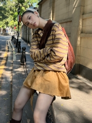MMFISH chic streetwear retro patchwork autumn winter contrast stripe padded polo shirt long sleeves T-shirt 24T395