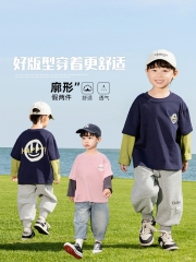 Valley of the Wind 2025 Cruise New Arrivals Children's Clothing Children's Korean Version Fake Two Stitched T-shirts for Boys with Versatile Smiling Faces Bottom