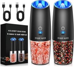 Sweet Alice Gravity Electric Pepper and Salt Grinder Set,  Adjustable Coarseness, Battery Powered with LED Light, One Hand Automatic Operation, Stainless Steel Black, 2 Pack