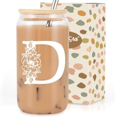 Coolife Initial Glass Cup, Monogrammed Gifts for Women, 16 oz Glass Cups w/Lids Straws, Iced Coffee, Smoothie Beer Glass Tumbler w/Straw Lid, Personalized Christmas, Birthday Gifts