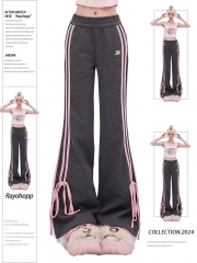 Rayohopp women's winter fleece reinforced thick bow tie striped design casual pants ins trend