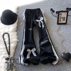 Sports sweatpants women's autumn and winter new high waisted butterfly knot splicing striped ankle tied casual pants straight leg wide leg pants
