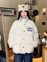 Dreaming Special Student American Retro Letter Embroidery Splicing Grid Stand up Collar Cotton Jacket Winter Thick Warm Coat