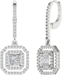 2.82 ct Brilliant Princess Cut Halo Drop Dangle Conflict free Natural Certified Diamond Clarity VS1-VS2 Color I-J 18K White Gold Earrings Lever Back