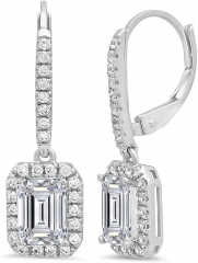 Clara Pucci 6.9 ct Brilliant Emerald Cut Halo Drop Dangle Conflict free Natural Diamond Clarity VS1-VS2 Color J-K 18K White Gold Earrings Lever Back