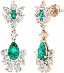 Dazzlingrock Collection 8x5mm Pear Lab Created Emerald & Pear, Round White Diamond Petals Teardrop Dangling Earrings for Her in 10K Solid Gold