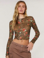 Leopard print floral women's short sleeved shirt