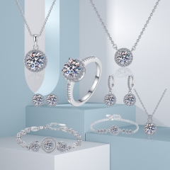 Moissanite Jewelry Set | Round Geometric S925 Sterling Silver Necklace Bracelet Earrings Ring