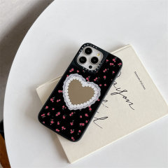 Heart Mirror Phone Case, Cute Pearl Frame Floral Print Black Protective Cover, Shockproof Makeup Mirror Case for iPhone 16/15/14/13 Pro Max