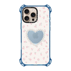 Pearl Heart Floral Phone Case, Clear Cute Flower Print Shockproof Protective Cover with Blue Bumper for iPhone 16/15/14 Pro Max