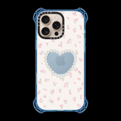 Pearl Heart Floral Phone Case, Clear Cute Flower Print Shockproof Protective Cover with Blue Bumper for iPhone 16/15/14 Pro Max