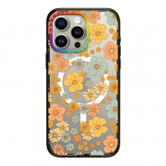Vintage Boho Flower Clear Phone Case, MagSafe Compatible Anti-Yellow Protective Cover with Rainbow Camera Frame for iPhone 16/15/14 Pro