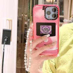 Retro Y2K Flip Phone Case, Transparent Pink Aesthetic Cover with Beaded Charm Chain, Shockproof Bumper for iPhone 16/15/14 Pro