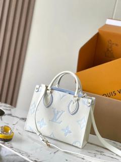 Mini Monogram Tote Bag, 25cm White & Light Blue Designer-Inspired Handbag with Detachable Crossbody Strap