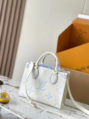 Mini Monogram Tote Bag, 25cm White & Light Blue Designer-Inspired Handbag with Detachable Crossbody Strap