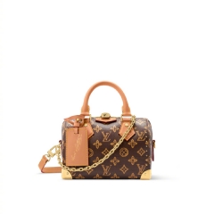 Classic Monogram Mini Boston Bag, 16cm Vintage-Inspired Top Handle Purse with Gold Chain & Detachable Strap
