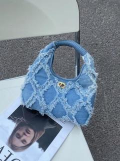 Washed Vintage Fringe Quilted Denim Bag, Korean Ins Style Mini Handbag, Celebrity-Inspired High-End Underarm Hobo Purse for Women
